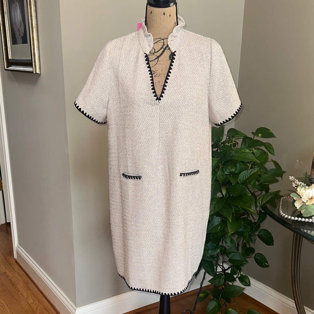 THML Textured Cream Midi Dress with Black Accents size Large NWT